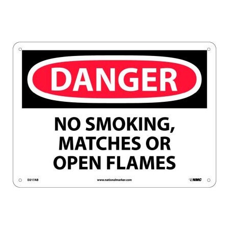 National Marker Co NMC OSHA Sign, Danger No Smoking Matches Or Open Flames, 10in X 14in, White/Red/Black D217AB